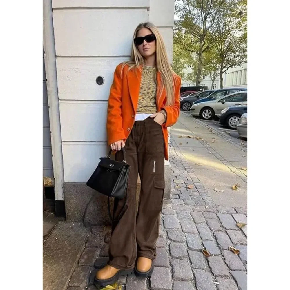 IVIR Brown High Waisted Wide Leg Cargo Pants | Y2K Baggy Streetwear